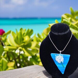 Fun dandelion fused glass necklace Cute artisan made blue & white flower jewelry